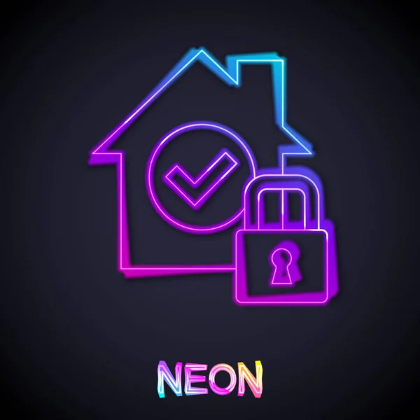 Λαμπερό Neon Line House Υπό Προστασία Εικονίδιο Απομονώνονται Μαύρο Φόντο — Διανυσματικό Αρχείο