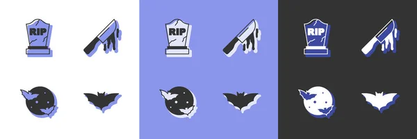 Set Flying Bat Tombstone Rip Written Moon Stars Bloody Knife — стоковий вектор