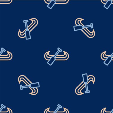 Kano ve kürek ikonu mavi arka planda izole edilmiş. Balıkçılık ve turizm için kano. Açık hava aktiviteleri. Vektör