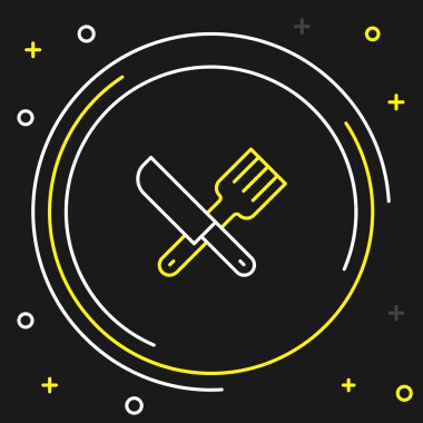 Çizgiyi aşan bıçak ve çatal simgesi siyah arka planda izole edilmiş. Çatal bıçak sembolü. Renkli taslak konsepti. Vektör