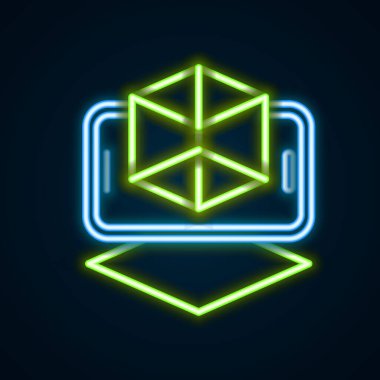 Parlayan neon hattı 3D modelleme simgesi siyah arkaplanda izole edildi. Artırılmış gerçeklik mi yoksa sanal gerçeklik mi? Renkli taslak konsepti. Vektör