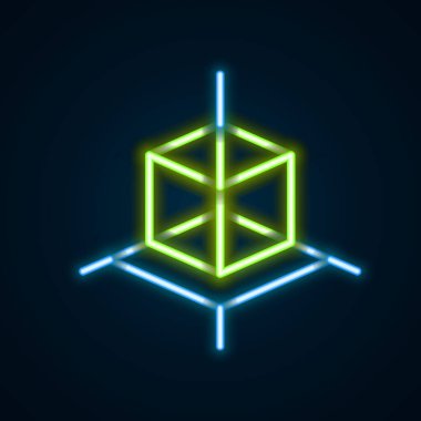 Parlayan neon hattı 3D modelleme simgesi siyah arkaplanda izole edildi. Artırılmış gerçeklik mi yoksa sanal gerçeklik mi? Renkli taslak konsepti. Vektör