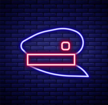 Glowing neon line Train driver hat icon isolated on brick wall background. Colorful outline concept. Vector