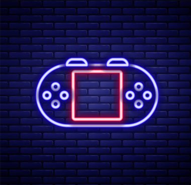 Parlayan neon hattı taşınabilir oyun konsolu simgesi tuğla duvar arka planında izole edildi. El bilgisayarı oyun konsolu. Renkli taslak konsepti. Vektör