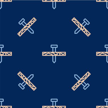 Line Metallic nail and wood plank icon isolated seamless pattern on blue background.  Vector