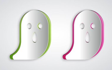 Kağıt kesiği Hayalet simgesi gri arkaplanda izole edilmiş. Mutlu Cadılar Bayramı Partisi. Kağıt sanatı tarzı. Vektör