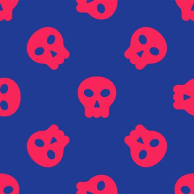 Kırmızı Kafatası simgesi mavi arka planda kusursuz deseni izole etti. Mutlu Cadılar Bayramı Partisi. Vektör