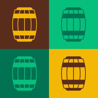 Pop Art Tahta Varil ikonu renk arkaplanında izole edilmiş. Alkol fıçısı, içki kabı, bira için tahta fıçı, viski, şarap. Vektör