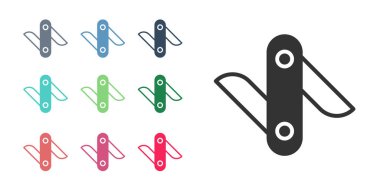 Beyaz arka planda siyah İsviçre çakısı ikonu var. Çoklu alet, çok amaçlı çakı. Çok fonksiyonlu bir alet. Simgeleri renklendirin. Vektör