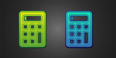 Green and blue Calculator icon isolated on black background. Accounting symbol. Business calculations mathematics education and finance.  Vector