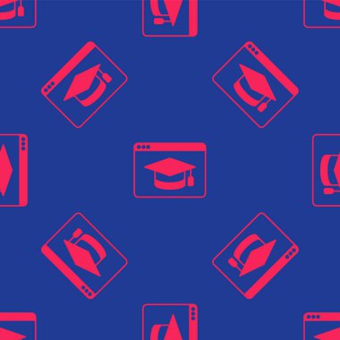 Kırmızı Online eğitim ve mezuniyet ikonu mavi arka planda izole edilmiş kusursuz desen. İnternetteki öğretmen monitörde. Giyinme ve video semineri öğrenme. Vektör