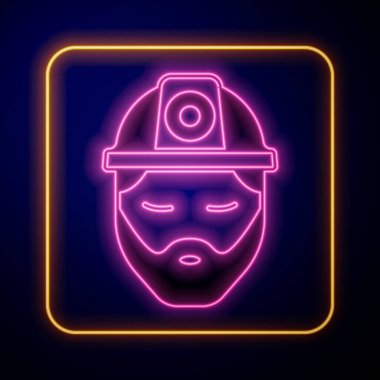 Glowing neon Builder icon isolated on black background. Construction worker.  Vector