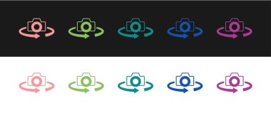 Siyah ve beyaz arkaplanda izole edilmiş 360 derecelik görüntü simgesini ayarla. Sanal gerçeklik. 360 derecelik açıyla. Panorama fotoğrafı. Vektör