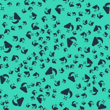 Kara Ay ve yıldızların simgesi yeşil arka planda izole edilmiş kusursuz desen. Bulutlu gece işareti. Uyku rüyalarının sembolü. Dolunay. Gece ya da yatak zamanı tabelası. Vektör