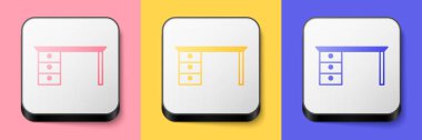 Isometric Office desk icon isolated on pink, yellow and blue background. Square button. Vector