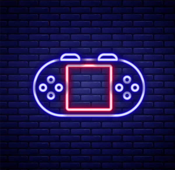 Parlayan neon hattı taşınabilir oyun konsolu simgesi tuğla duvar arka planında izole edildi. El bilgisayarı oyun konsolu. Renkli taslak konsepti. Vektör