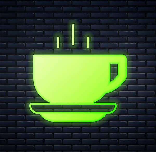 Gloeiende Neon Coffee Cup Pictogram Geïsoleerd Baksteen Muur Achtergrond Theekopje — Stockvector