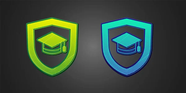 Green Blue Graduation Cap Shield Icon Isolated Black Background Insurance —  Vetores de Stock