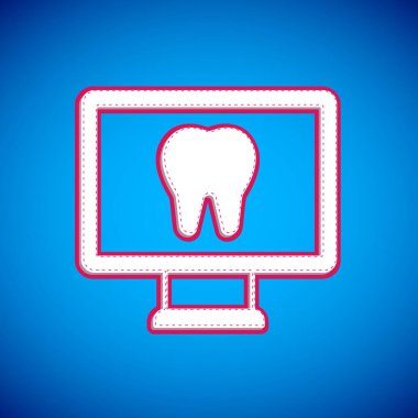 White Online dental care icon isolated on blue background. Dental service information call center.  Vector