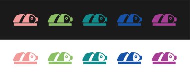 Kesilmiş parçalarla siyah ve beyaz arka planda izole edilmiş bıçak simgesiyle Balığı ayarla. Vektör