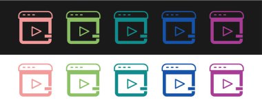 Set Video advertising icon isolated on black and white background. Concept of marketing and promotion process. Responsive ads. Social media advertising.  Vector