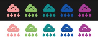 Bulut 'u yağmur simgesiyle siyah beyaz arkaplanda izole et. Yağmur damlaları ile yağmur bulutu yağışı. Vektör