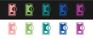 Siyah ve beyaz arkaplanda dolar sembolü simgesi olan akıllı telefonu ayarla. İnternetten alışveriş konsepti. Finansal cep telefonu simgesi. Çevrimiçi ödeme. Vektör