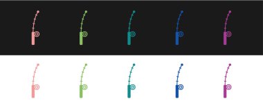 Balıkçılık çubuğu simgesini siyah ve beyaz arkaplanda izole et. Büyük bir balık yakala. Balıkçılık ekipmanları ve balık çiftliği konuları. Vektör