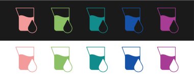 Set Oil petrol test tube icon isolated on black and white background. Cmemistry flask and falling drop.  Vector