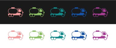 Tanker kamyon simgesini siyah beyaz arkaplanda ayır. Petrol tankeri, petrol kamyonu, sarnıç, petrol karavanı. Vektör