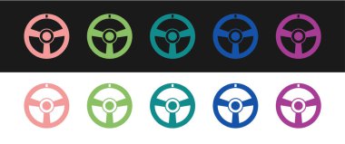 Yarış direksiyon simgesini siyah beyaz arkaplanda izole et. Araba tekeri ikonu. Vektör