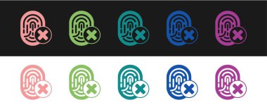 Siyah ve beyaz arkaplanda izole edilmiş iptal edilmiş parmak izi simgesini ayarla. Kullanıcı konsepti erişimi engellendi. Hata, dolandırıcılık. Kimlik işareti. Kimliğe dokun. Vektör