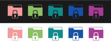 Dizin ve kilit simgesini siyah ve beyaz arkaplanda izole et. Kapalı dosya ve asma kilit. Güvenlik, güvenlik, koruma kavramı. Vektör