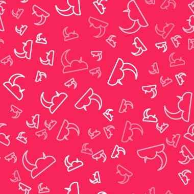 Beyaz çizgi Ay ve yıldız ikonu kırmızı arkaplanda izole edilmiş kusursuz desen. Bulutlu gece işareti. Uyku rüyalarının sembolü. Dolunay. Gece ya da yatak zamanı tabelası. Vektör