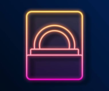 Siyah arka planda izole edilmiş bir kutu ikonunda parıldayan neon çizgili elmas nişan yüzüğü. Vektör