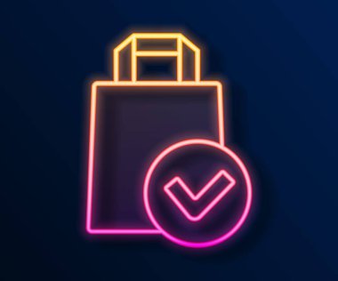 Parlayan neon hattı kağıt poşet ikonu siyah arka planda izole edildi. Paket işareti. Vektör