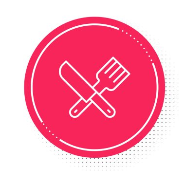 White line Crossed knife and fork icon isolated on white background. Cutlery symbol. Red circle button. Vector