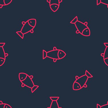 Kırmızı çizgi Balık simgesi siyah arkaplanda kusursuz desen izole etti. Vektör