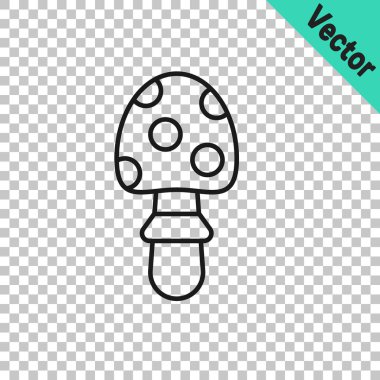 Black line Amanita muscaria or fly agaric hallucinogenic toadstool mushroom icon isolated on transparent background. Spotted poisonous mushroom.  Vector