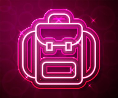 Glowing neon line Hiking backpack icon isolated on red background. Camping and mountain exploring backpack.  Vector