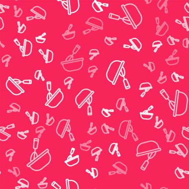White line Cooking whisk with bowl icon isolated seamless pattern on red background. Cooking utensil, egg beater. Cutlery sign. Food mix symbol.  Vector