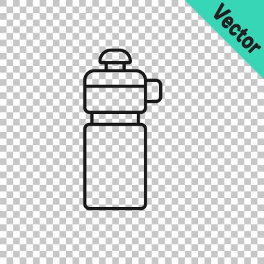 Şeffaf arkaplanda siyah çizgi fitness sallama simgesi izole edildi. Su ve protein kokteylleri için kapaklı spor karıştırıcı şişesi. Vektör