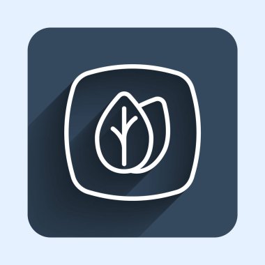 Beyaz çizgi Yaprak simgesi uzun gölge arkaplanı ile izole edildi. İşaret bırakıyor. Taze doğal ürün sembolü. Mavi kare düğme. Vektör