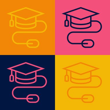 Pop art line Graduation cap with mouse icon isolated on color background. World education symbol. Online learning or e-learning concept.  Vector