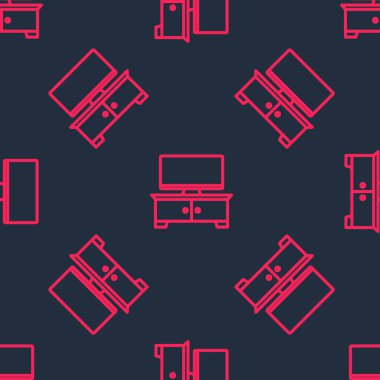 Kırmızı çizgi televizyon masası simgesi siyah arkaplanda izole edilmiş kusursuz desen. Vektör