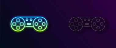 Siyah arkaplanda izole edilmiş oyun konsolu simgesi için parlayan neon çizgi oyun denetleyici veya joystick. Vektör