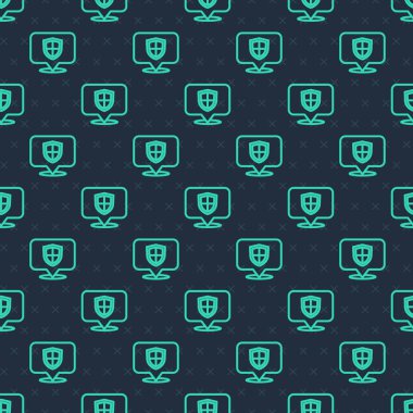 Yeşil çizgi konum ikonu mavi arkaplanda izole edilmiş pürüzsüz desen. Sigorta konsepti. Gardiyan. Güvenlik, güvenlik, koruma, gizlilik kavramı. Vektör