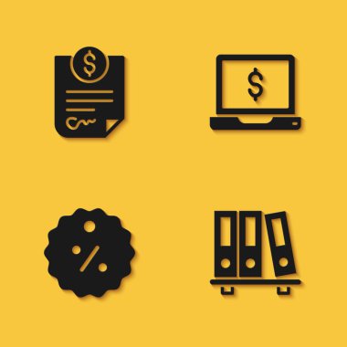 Set Contract money, Office folders, Discount percent tag and Laptop with dollar icon with long shadow. Vector