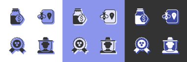 Set Beekeeper with protect hat, Sale in jar of honey, Honey award and location icon. Vector