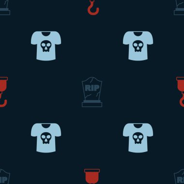 Set Pirate hook, Tombstone with RIP written and Shirt skull on seamless pattern. Vector